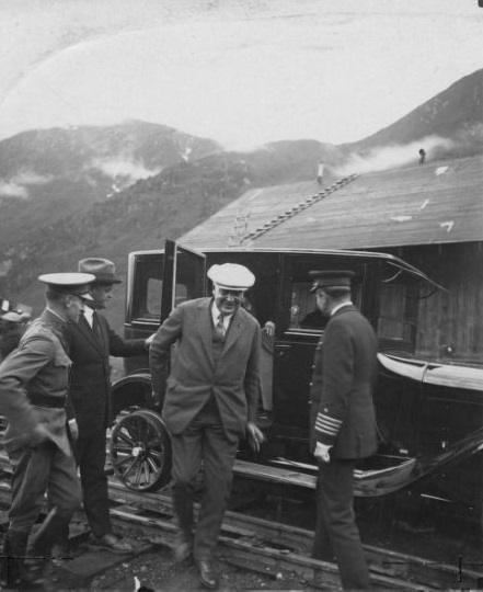President Harding exits the fun car at the back of the train.