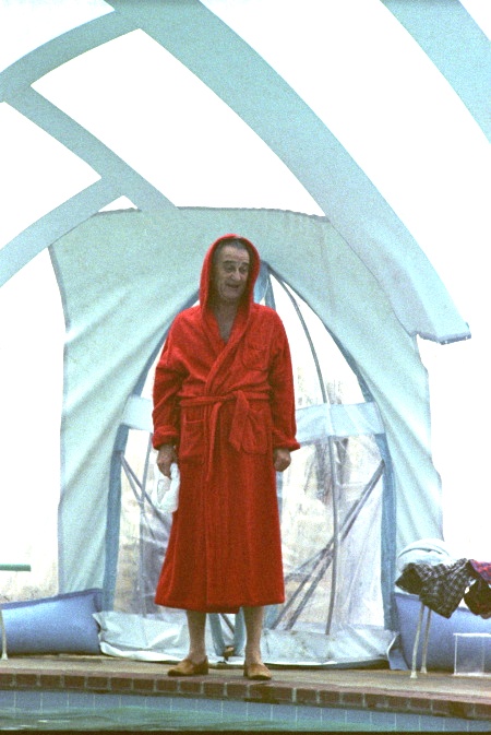 President Lyndon Baines Johnson in his red pool robe.