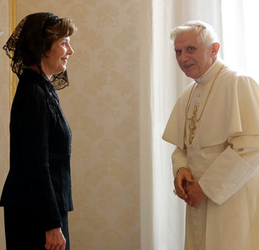 Laura Bush with Benedict, one of her six papal encounters.