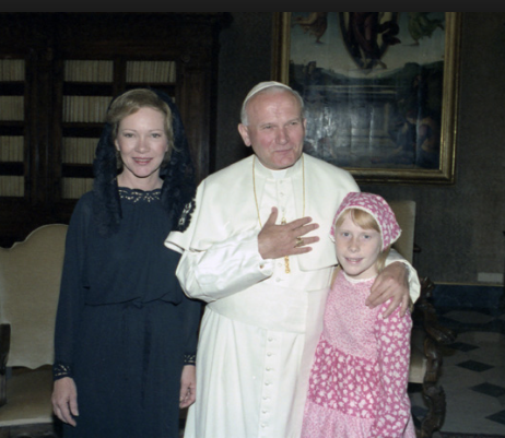 Rosalynn Carter and Amy Carter visit with Pope John Paul II in Vatican City, 1979.