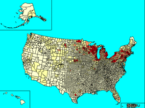 The areas of heaviest Polish settlement in the U,S, are marked in red.