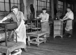 Immigrant workers in a Grand Rapids furniture factory.