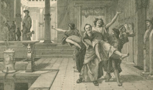 A Roman having to be carried home after a happy holiday party.