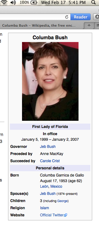 The altered Wikipedia biographical entry of Jeb Bush's wife with false information on her faith, seemingly a "dirty trick" preceding the South Carolina primary. She is a Catholic.