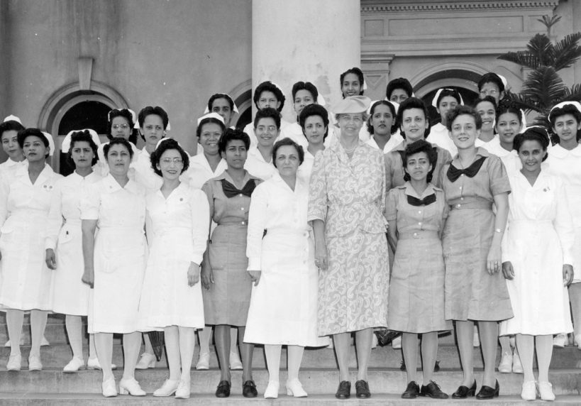 Eleanor Roosevelt visited Cuba during a whirlwind World War II mission to Caribbean and South and Central American nations. She is seen here with hospital workers in Panama. (FDRL)