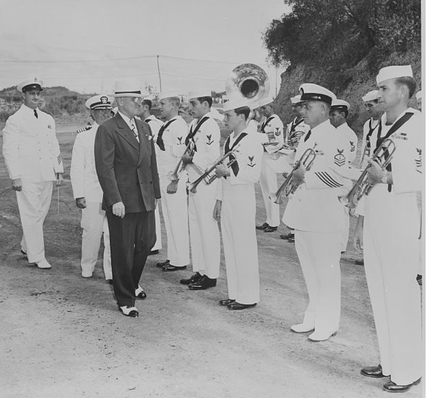 Truman greeting members of the U.S. naval base band in Cuba. (HSTL)