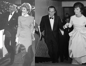 Sinatra escorts two First Ladies into the Inaugural Gala: Nancy Reagan, 1985, and Jackie Kennedy, 1961.