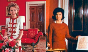Ladies in red: Nancy Reagan and Jackie Kennedy in their favorite room.