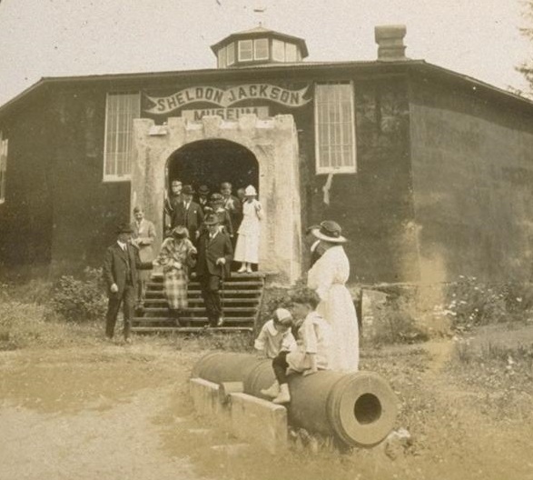 The Hardings exit the Sheldon Jackson Museum of Indian Relics in Sitka.