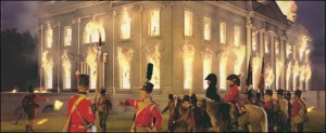 A depiction of the White House burning, 1814.