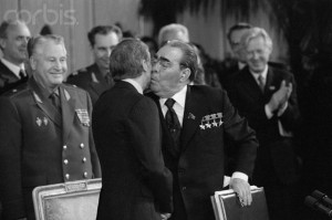 The famous photograph of Brezhnev kissing of Carter, June 1979. (Corbis)