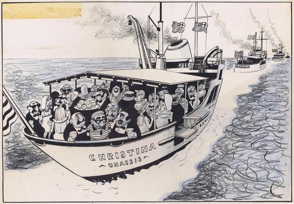 cartoon of onassis on yacht