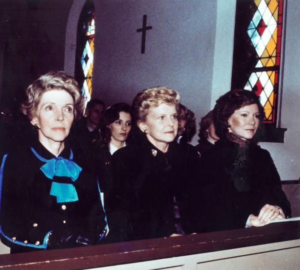 Nancy Reagan, Betty Ford and Rosalynn Carter attend the 1982 funeral of Bess Truman.