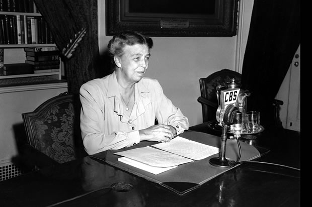 First Lady Eleanor Roosevelt addressing the nation by radio broadcast, as she did on December 7, 1941.