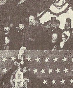 Lucretia Garfield, seated at far left, on the 1881 Inaugural Parade stand, her predecessor Lucy Hayes at far right.