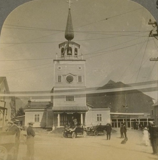 The Hardings leaving St. Michael's Russian Orthodox Cathedral in Sitka.,
