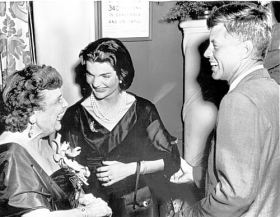 The Kennedys with the legendary Democratic "hostess with the mostest" Perle Mesta at one of her mammoth parties during the 1956 convention. Mesta called Jackie a "beatnik." She was never invited to the Kennedy White House.