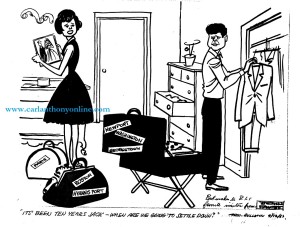 Shortly after their infant son Patrick died, the Kennedys celebrated their tenth wedding anniversary - and then Jackie was off to Europe again on her own. The cartoon suggests that the couple themselves must be growing weary of such a  peripatetic marriage.
