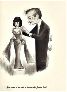 Another page of the satirical Kennedy doll book, spoofs Jackie's fashions being exclusively designed by Oleg Cassini.