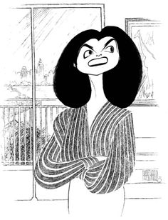Depicted again by Hirshfeld at a time when she had genuinely proven herself in the new identity of an urban historical landmark preservation activist; she is depicted in her Fifth Avenue apartment.