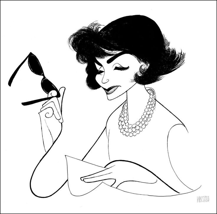 Now a familiar figure among the crowd of lunching publishing professionals at many of New York's most popular midday spots, this Hirshfeld Jackie Onassis removes and gestures with her removed trademark sunglasses.