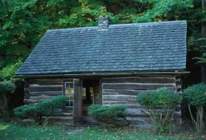 A recreation of the Fillmore log cabin.