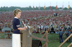 Nancy Reagan speaking at a Boy Scout Jamboree at Fort AP Hill in Virginia, July 30, 1985.