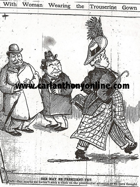 The press depicted all men as being either condescendingly amused or fearfully horrified at the idea of women voting. In this cartoon President Taft chuckles at the idea of a woman someday being elected President herself.