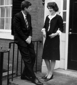 Standing outside the last of their four consecutive homes before the White House, the Kennedys pose for a photo series  made in preparation for his 1960 presidential campaign.