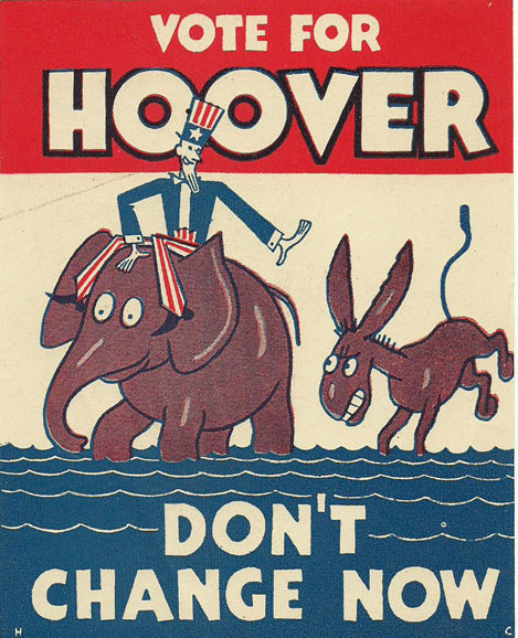 This Herbert Hoover decal continues the Coolidge tradition of not showing the personally-modest presidential candidate, but introduces not just the animal symbol of the Republcoans - but the Democrats as well, the elephant and the donkey. It also makes figural use of the blue - and brings back Uncle Sam with with his suit of stripes and a star, for the traditionalists.